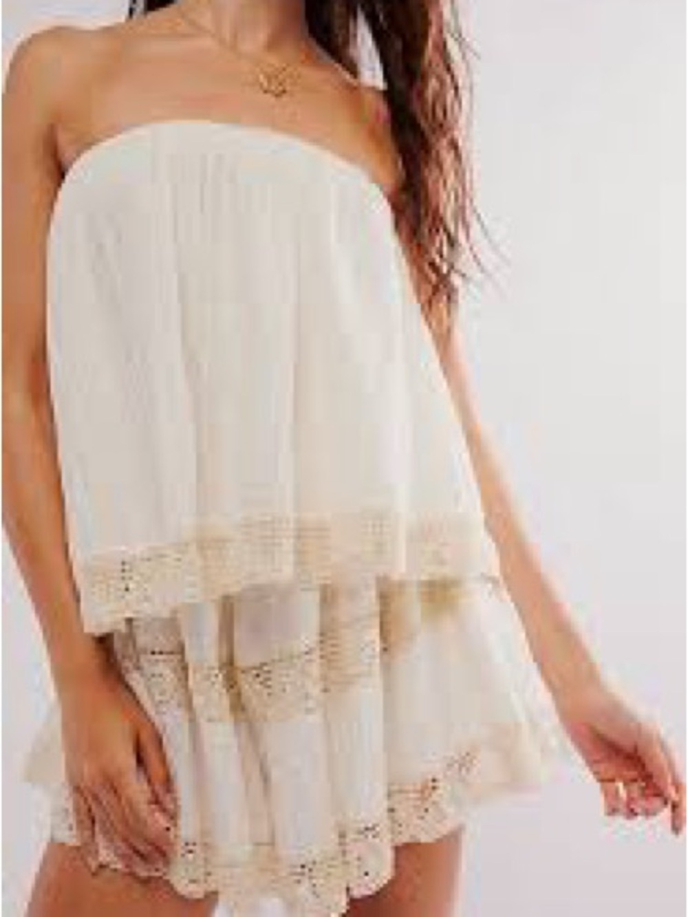 Free People Maribel Strapless Tiered Lace-Trim Romper in Cream